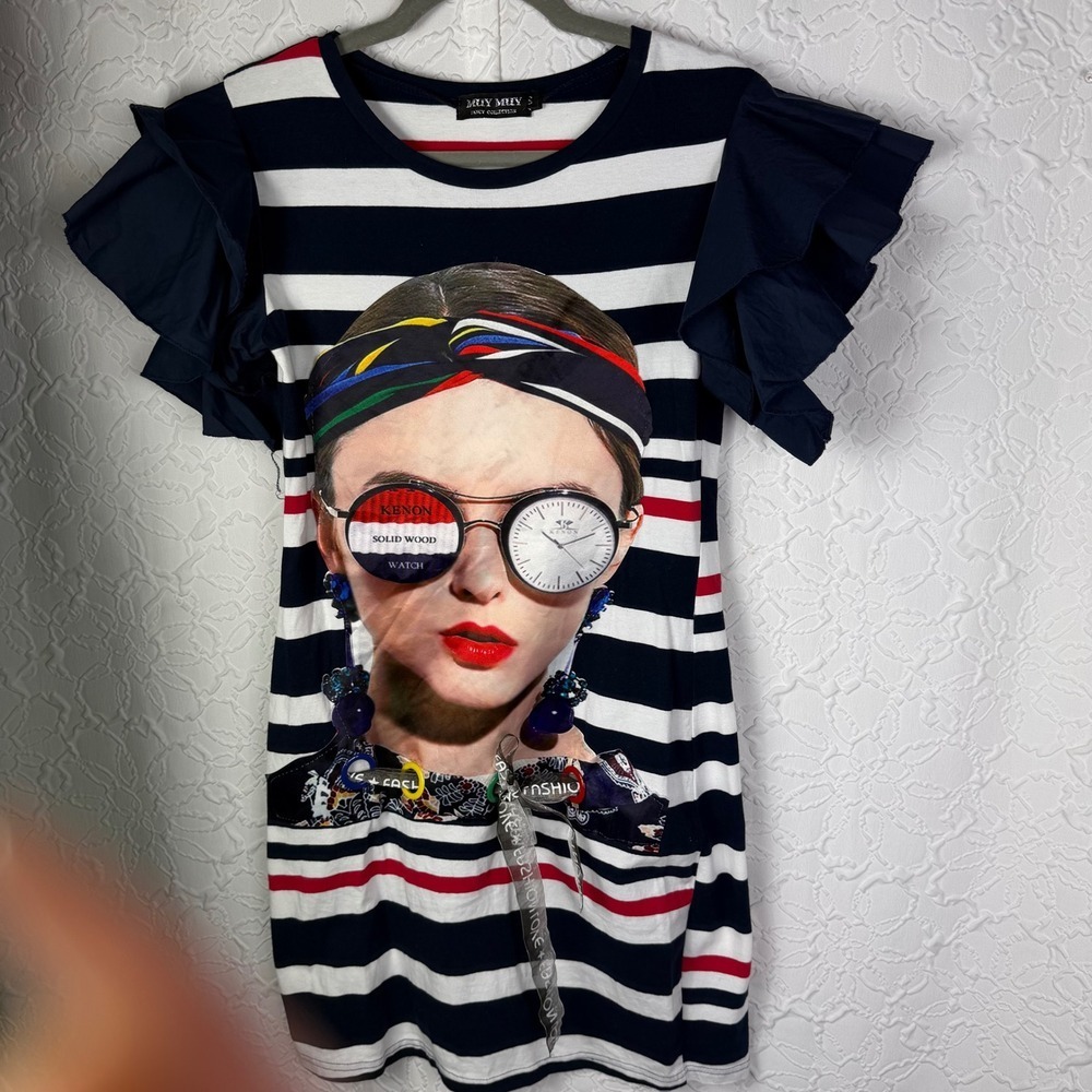MUY MUY Fancy Collection Women's Striped Graphic‎ T Shirt Dress Ruffle Sleeve